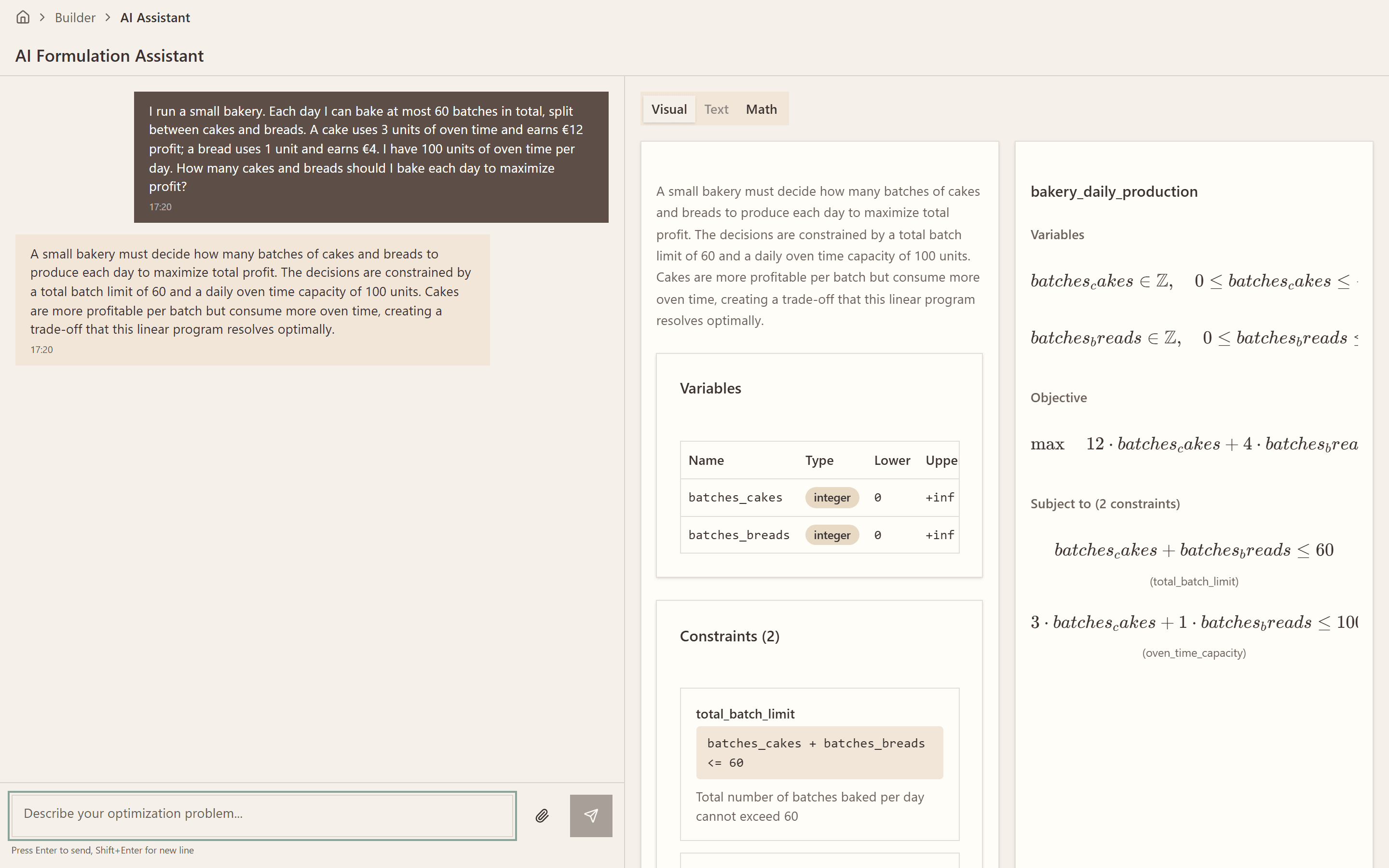 The JAOT AI assistant formulating an optimization model from a plain-English problem description