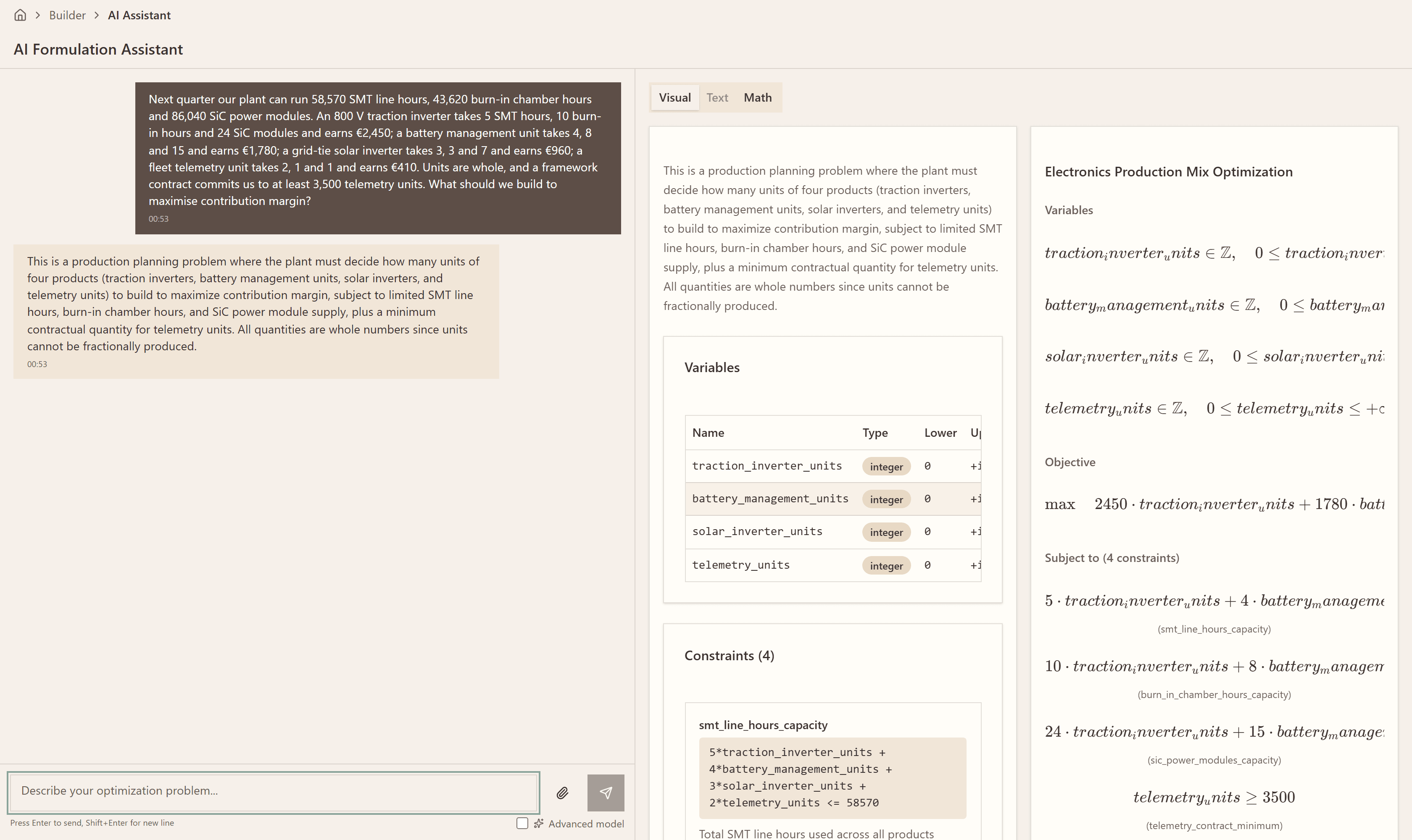 The JAOT AI assistant formulating an optimization model from a plain-English problem description